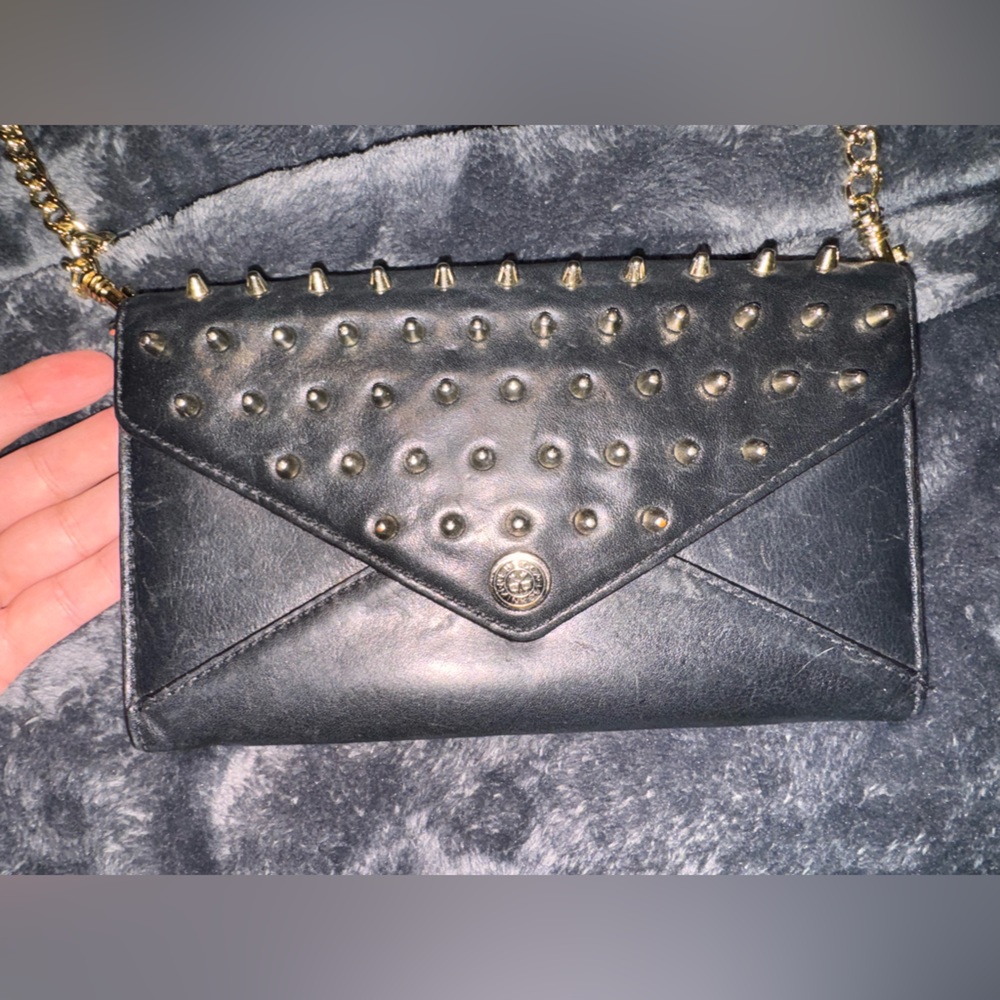 Rebecca Minkoff Black Studded Leather wallet purse with Gold Chain - Picture 3 of 16